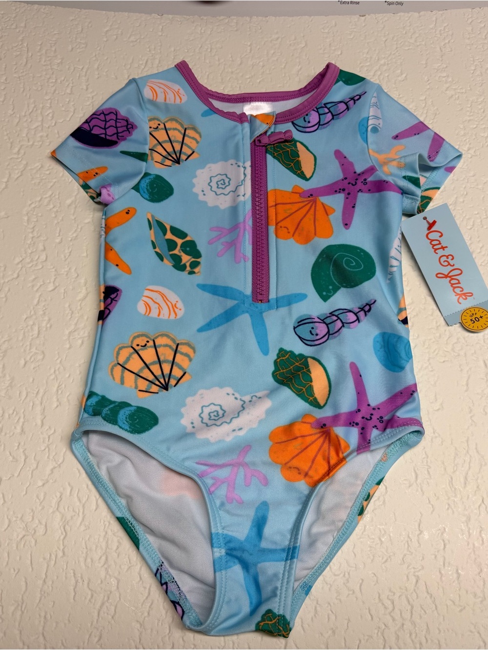 Cat & Jack Light Blue Seashell & Starfish Short Sleeve One-Piece Swimsuit